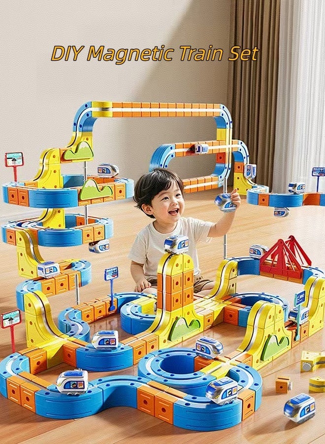 JCB CHIC 84pcs Electric Magnetic Train Tracks Set,3d Flexible Track Fusion Race With Cube Rails & Signs Flexible Race Diy Race Car Building Kits,Education Assembled Toy for Kids - Image 1